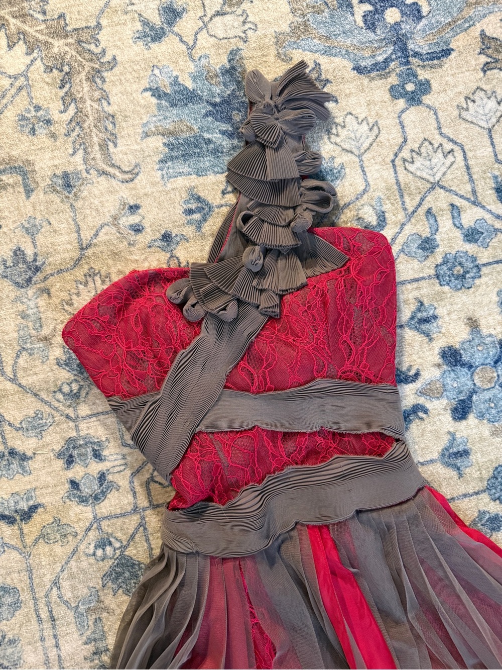 BCBGMaxAzria Red and Gray Ruffled One-Shoulder Tulle Dress - Picture 2 of 5